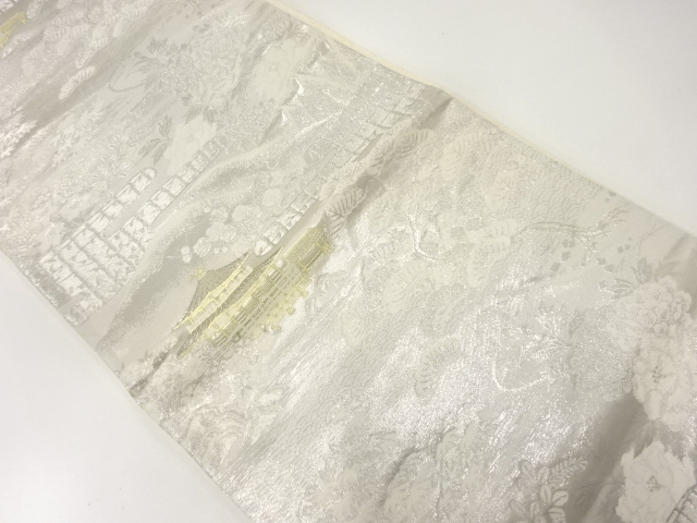 JAPANESE KIMONO / ANTIQUE FUKURO OBI / SILK / WOVEN SCENERY OF TEMPLE